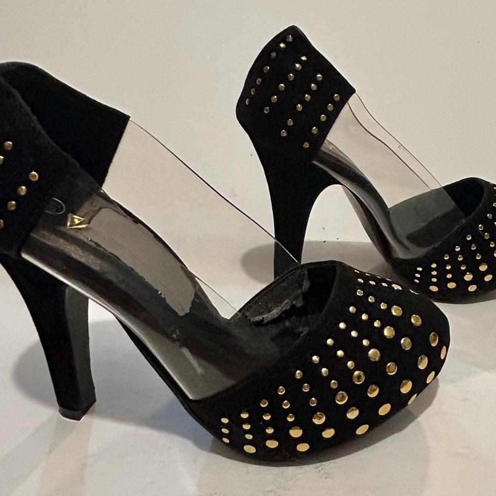 Mochi Faux Suede Elegant Studded Transparent Sides Black and Gold Heels